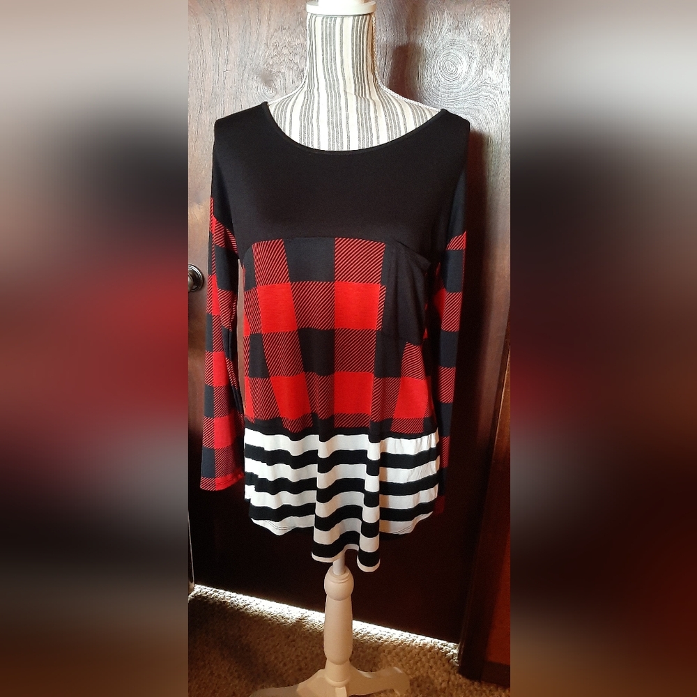 HEIMISH USA Red Plaid and Black Striped Long Sleeve Top